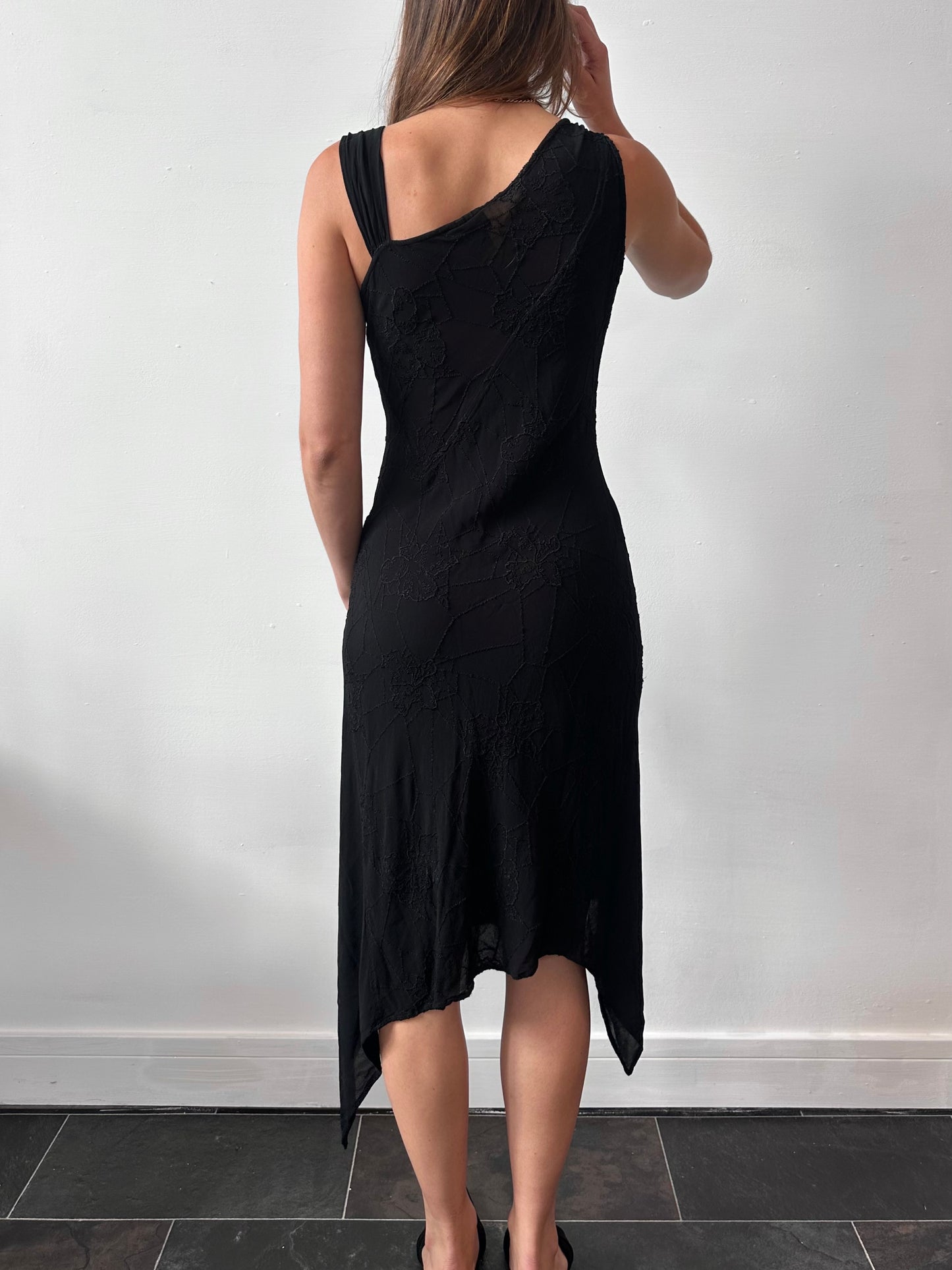 GHOST ASYMMETRIC MIDI DRESS